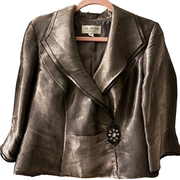 Embellished Bronze Jacket w/ Wide Flutter Lapels, Back Zip and Fitted Silhouette - Picture 1 of 11